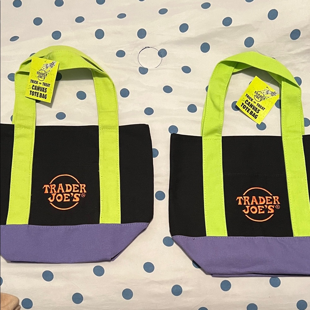 Trick or Treat Trader Joe's Canvas Tote Bag with Lime Green Straps